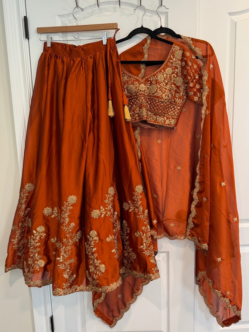 Embroidered burnt orange/rust lengha Set with Matching Blouse and Dupatta